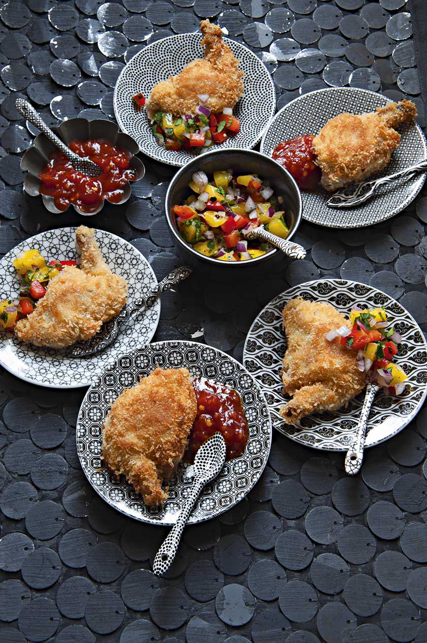 Wachteln mit Mango-Salsa und Chili-Ingwer-Tomaten- Sauce