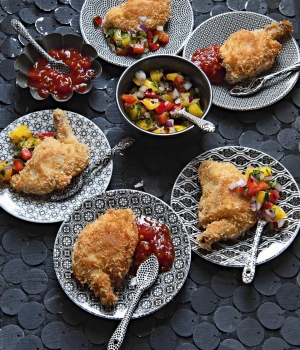 Wachteln mit Mango-Salsa und Chili-Ingwer-Tomaten- Sauce