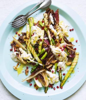 Gegrillter Spargel und Radicchio mit Burrata, Walnüssen, Granatapfel